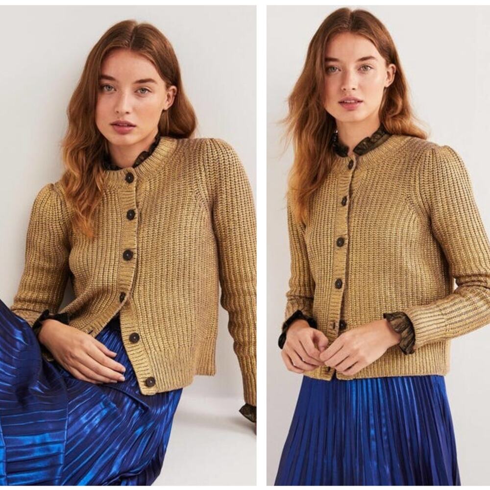 BODEN Ribbed Gold Painted Cardigan Sweater Sz 6 $198 {ZZ12}